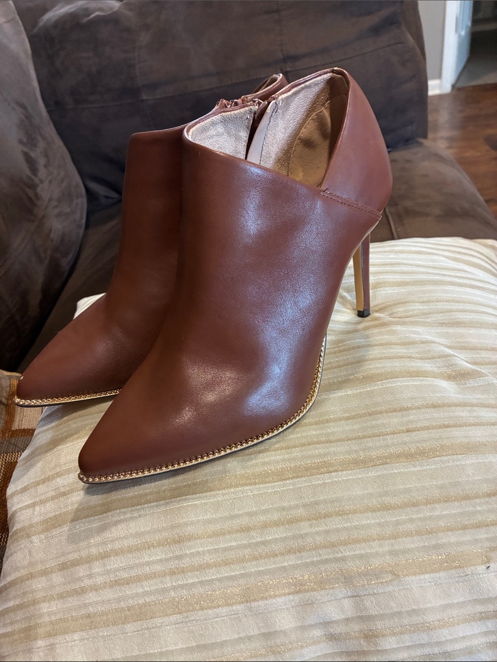 Brown Pointed-Toe High-Heel Ankle Booties with Gold Trim
